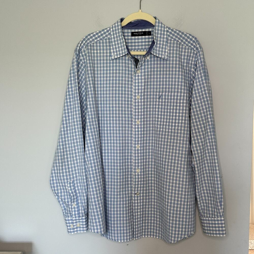 Nautica Button Down Shirt Mens Size Large Blue White Check Plaid 100% Cotton